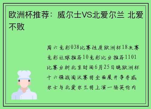 欧洲杯推荐：威尔士VS北爱尔兰 北爱不败