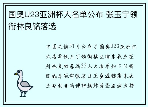 国奥U23亚洲杯大名单公布 张玉宁领衔林良铭落选