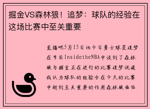 掘金VS森林狼！追梦：球队的经验在这场比赛中至关重要