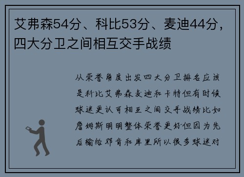 艾弗森54分、科比53分、麦迪44分，四大分卫之间相互交手战绩